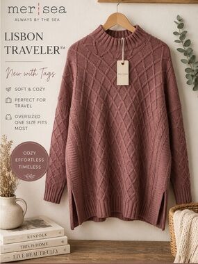NWT Mer Sea Lisbon Traveler Mock Neck Sweater OS Dusty Mauve Oversized Tunic